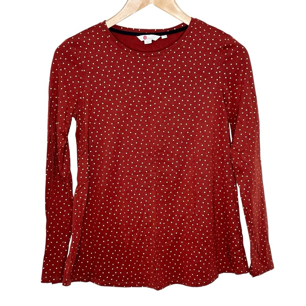 Boden Polka Dot Long Sleeve Tee Rust Red Gold Womens XS Preppy Metallic